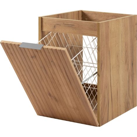 Meuble de salle de bain suspendu 40 cm avec panier à linge, 1 porte, façades rainurées, Chêne artisan, poignées argentées, 40 x 57 x 46 cm (1/5)