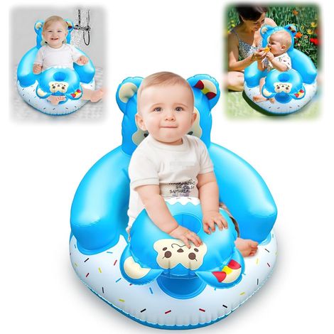 Siège d'apprentissage gonflable bleu pour bébé avec motif ours de dessin animé, siège enfant gonflable avec porte-gobelet, siège de jeu portable étanche pour intérieur et extérieur (1/5)