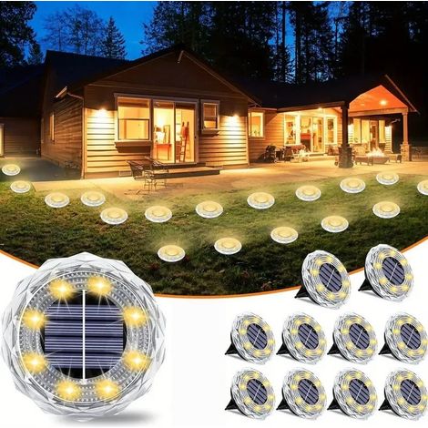 Lot de 10 lampes solaires encastrées au sol design diamant, 8 LEDs lumière chaude, étanche IP65, diamètre 7cm (1/5)