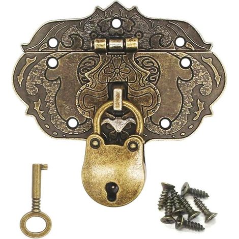 RHG 76 x 57 mm Loquet Serrure Vintage Antique Moraillon Fermoirs en Fer Bronze Antique Verrous pour Décoratifs Cabinet Armoire Boîte à Bijoux Boîte Cadeau Caisses Coulissantes Vis et clé incluses