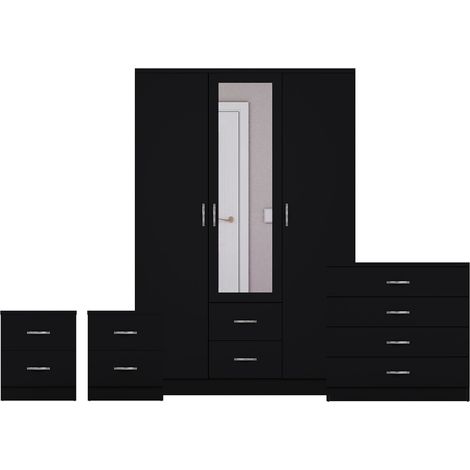 Riano 4 Piece Bedroom Set (2 Drw Bedside Chest, 4 Drw Chest, 3 Dr 2 Drw Mirrored Wardrobe), Black (1/3)