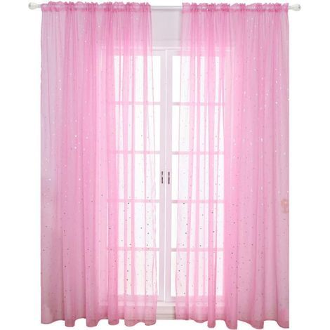 1PC Voile Window Curtain Romantic Silver Star Leaf Window Treatment Sequins Star Curtains Panel for Girl Kids Bedroom Living Room- 100  200 Cm (Pink)