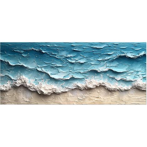 Lupia - Quadro moderno Canvas World ONDE 52x122 cm, Stampa su Tela effetto Pennellate tridimensionale, Telaio in Legno, per soggiorno capezzale camera da letto ufficio onde del mare spiaggia (1/4)