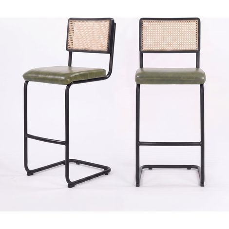 Lot de 2 chaises de bar 76 cm en cannage et cuir vert - Léandre (1/5)