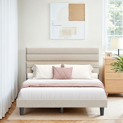 Cadre de Lit, Lit Double, Convient pour Un Matelas de 140 x 190 cm, Tête de Lit Rembourrée Ajustable, en Métal, Bois Massif, Moderne, Beige (1/5)