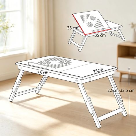 DESMIU Table de lit pliable avec 1 tiroir et plateau inclinable, réglable en hauteur, pour chambre, bambou naturel (1/2)