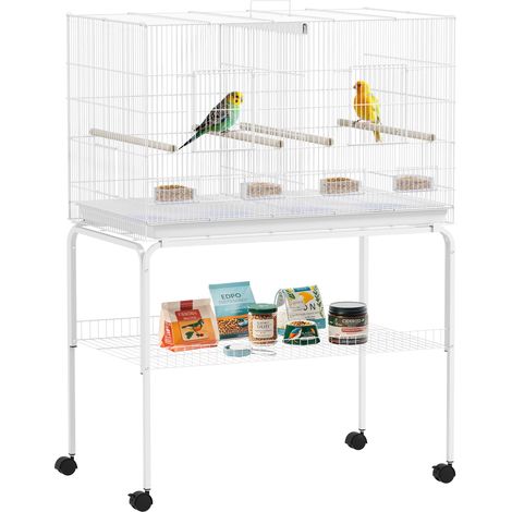 Cage à oiseaux avec séparateur, mangeoires, plateau amovible et support pour canaris et perruches, 94 x 57 x 57 cm / 128 cm, blanche (1/5)