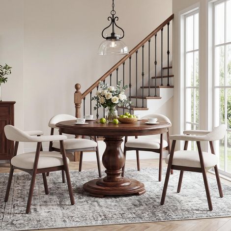 Lot de 4 chaises de Salle à Manger avec accoudoirs, Chaise rembourrée en Tissu Dossier incurvé et Pieds en Bois, Style Moderne des années 50 pour Cuisine et Salle à Manger, Beige (1/5)