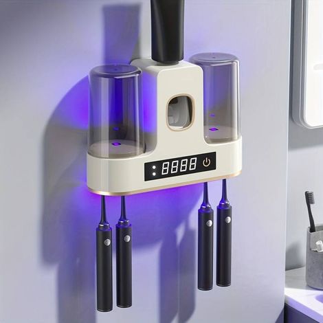Porte-brosse à dents intelligent avec stérilisateur, distributeur automatique de dentifrice, support mural de rangement pour brosses à dents, rangement pour brosses à dents avec désinfection UV...