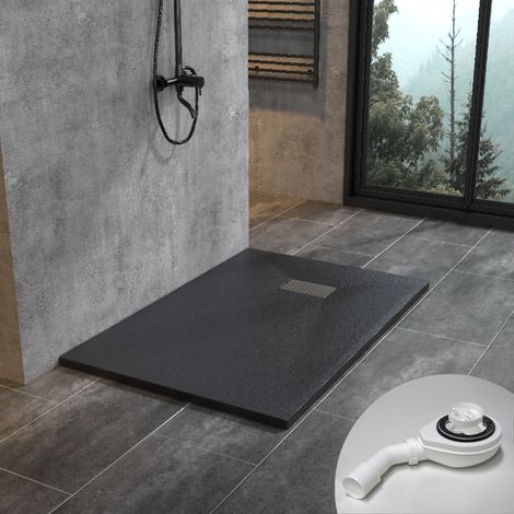 WITEN&NOCK design SMC Duschwanne Duschtasse mit Edelstahl Abflussrinne mit siphon, Steinoptik, schwarz, 120x80 cm (1/4)