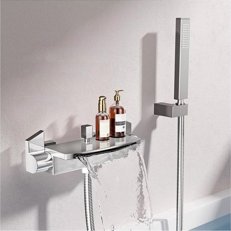 Wandmontierte Badewannenarmatur mit Handbrause, Wasserfall-Badmischer aus Messing, regulierbares Warm- und Kaltwasser, 2 Funktionen – glänzend silber (1/5)