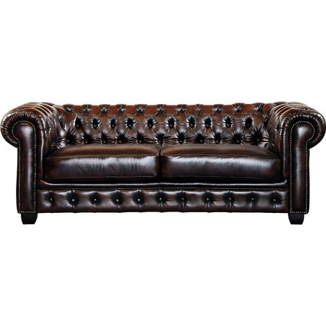 Canapés chesterfield 3 places 2 places et un fauteuil BRENTON 100% cuir de buffle - Marron reflets châtains (1/3)