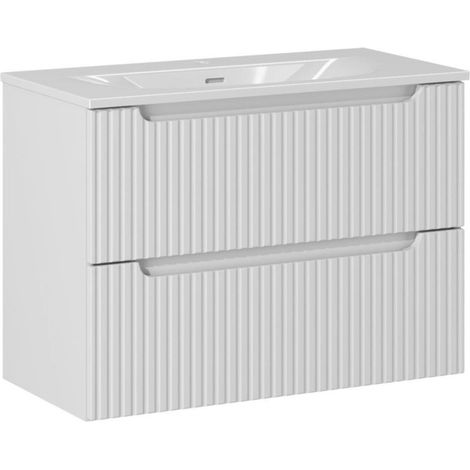 Conjunto de baño suspendido VANO blanco 80cm: mueble bajo lavabo con cajones ranurados + lavabo empotrado blanco