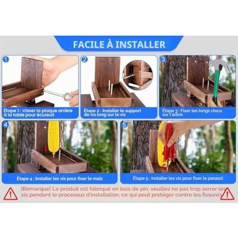 Mangeoire en bois pour écureuils avec parasol et porte-maïs - Station d'alimentation extérieure (charbon) (1/4)