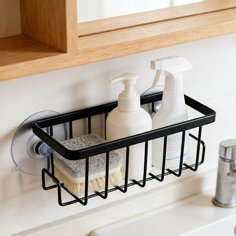 Porta spugne per lavello con potente ventosa, cestello in alluminio inox per spugne, porta spugne rimovibile, organizer per riporre gli oggetti (nero) (1/5)