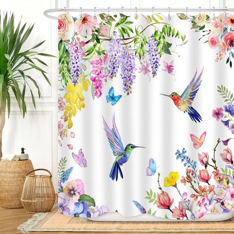 Rideau De Douche - Polyester Imperméable - Motif Fleur Colibri Papillon - 183 L x 152 l - 12 Crochets Inclus (1/4)