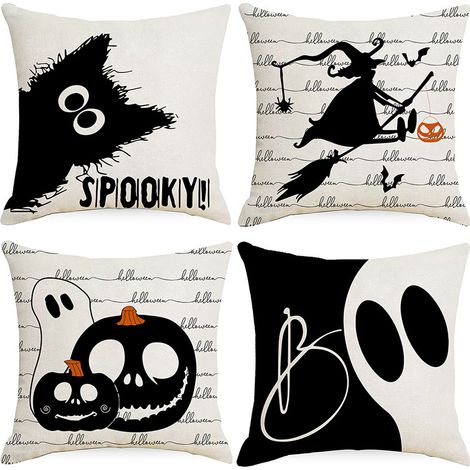 Set mit 4 Halloween-Sofakissen, Halloween-Kissenbezüge aus schwarz-weißem Leinen mit Hexenmotiv (45x45 cm)