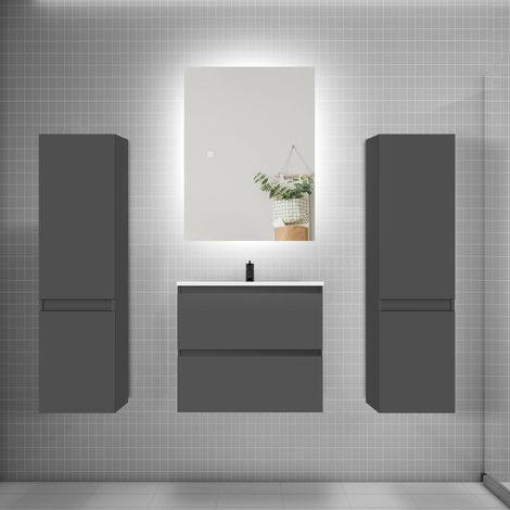 Ensemble meuble de salle de bain et lavabo anthracite ( L.60 cm) 2 tiroirs + meuble haut2 + lavabo + miroir LED