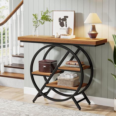 Tribesigns – Table console industrielle 100 cm avec plateau épais – Cadre métallique géométrique – 3 niveaux d'étagères décalées – Brun rustique