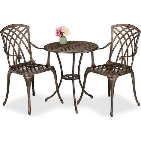 Relaxdays Salon de Jardin pour 2 Personnes, Table avec 2 chaises, Fonte d'aluminium, Design Antique, Noir et Bronze (1/5)