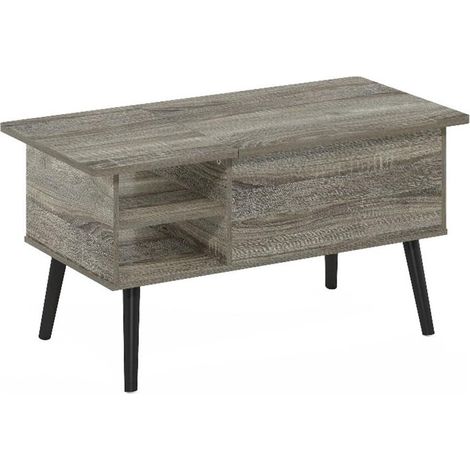 Table basse relevable avec pieds en bois avec compartiment caché et étagère latérale ouverte pour le salon, chêne français gris (1/5)