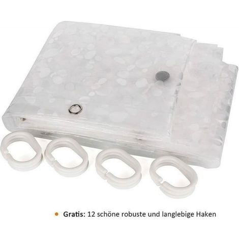 Rideau De Douche - 180x180 Cm - EVA - Semi-Transparent - Motif Galets 3D - 12 Anneaux (1/5)