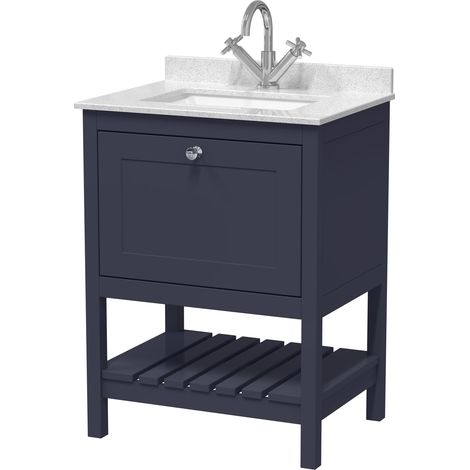 Balterley Coppenhall Bathroom Floor Standing 1 Drawer Vanity & Single Bowl 1 Tap Hole Marble Top, Indigo Blue/White, 600mm (1/4)