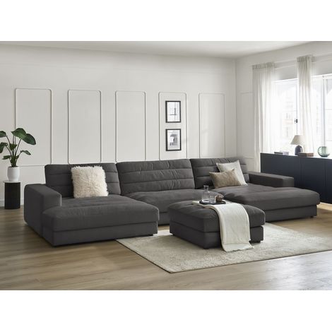 BOBOCHIC - Canapé panoramique fixe SIERRA velours avec pouf Noir (1/5)