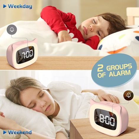 Kinderwecker mit Nachtlicht und 13 Klingeltönen – Wiederaufladbarer Wecker in Katzenohrenform, ideal für Mädchen und Jungen – Digitaler Wecker fürs Kinderzimmer – Orange