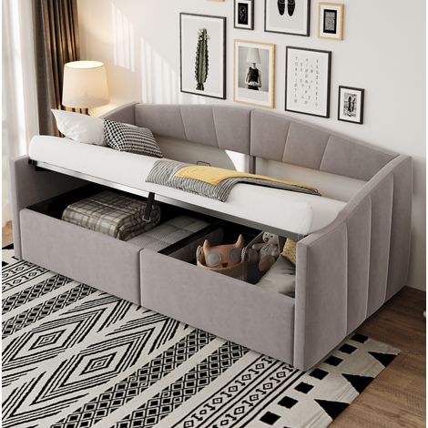 Sofá cama tapizado 90/200 cm gris claro de terciopelo con almacenaje hidráulico (1/5)
