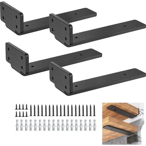 Support etagere murale 4 pièces supports muraux pour étagères supports d'étagère noirs supports en L en métal robuste pour montage mural (noir, 15 cm/6 pouces) (1/5)