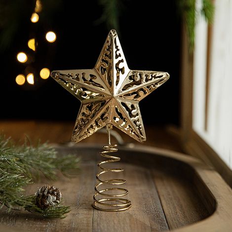 Étoile De Sommet Pour Arbre De Noël - En Métal Doré À Cinq Branches - Design Creux Avec Ressort Spiralé - Décoration Festive Intérieure Et Fenêtre - 1 Pièce (1/5)