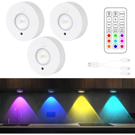 3PCS Lampe de Placard avec Telecommande,3 températures de couleur et 9 éclairages RVB sous l'armoire,Spot Led rechargeable,Dimmable Lampe de Placard pour Vitrine Armoire, Cuisine,Armoire (1/5)