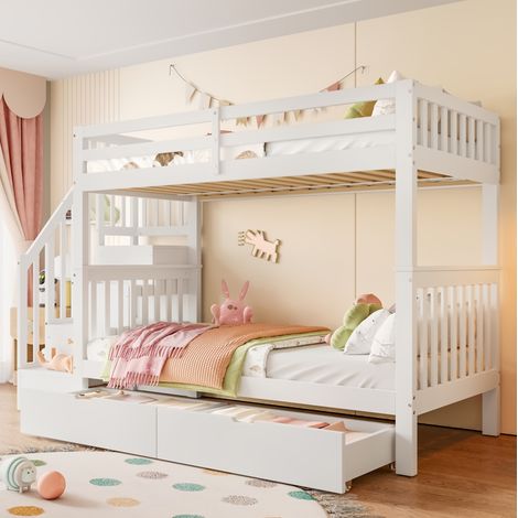 DESVIAE Lit superposé 90 x 200 cm avec escalier rangement deux tiroirs barrières hautes blanc en pin et MDF certifié EN 747 1 pour chambre enfant (1/5)