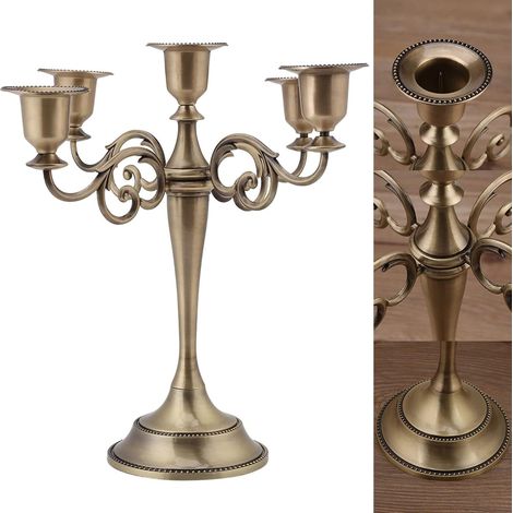 Bougeoir à 5 Bras en Métal Style Européen Chandelier Décoratif Style Vintage pour Dîner aux Chandelles Mariage Fête, Noël 27 x 26 cm (Bronze) (1/5)