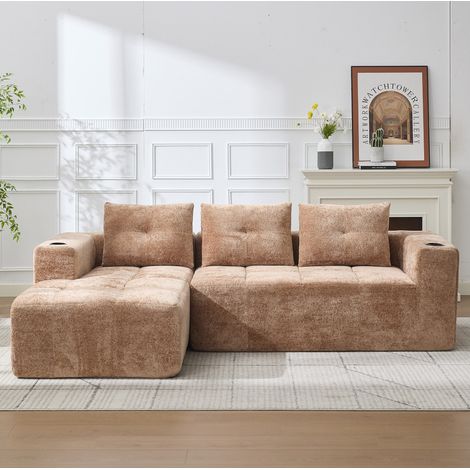 Canape d'angle 258 cm avec porte-gobelets en chenille OKMYHOME (1/5)