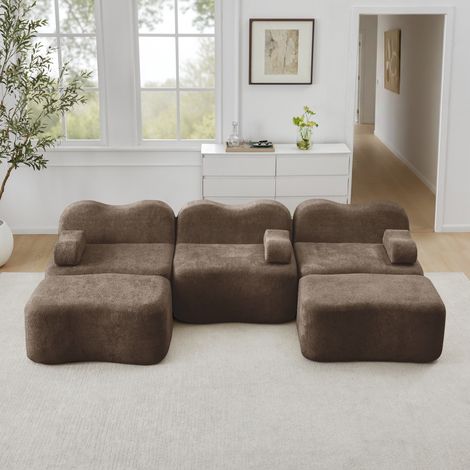 Modulares 3-Sitzer-Sofa mit 2 Hockern, Samt, rahmenloses Ecksofa aus hochdichtem 32D-Schaum, mobiles Armlehnenkissen, für Wohnzimmer und Wohnung – Braun