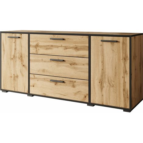 Commode Sarasota 174, Noir + Chêne wotan, Tiroirs et portes, Nombre de tiroirs: 3, 68x150x40cm (1/4)