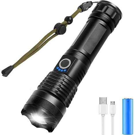 Torcia LED ultra luminosa da 5000 lumen, ricaricabile tramite USB, torcia tattica estremamente luminosa, 5 modalità di zoom, impermeabile, per campeggio, escursionismo, torcia di emergenza, batteria 1 (1/5)