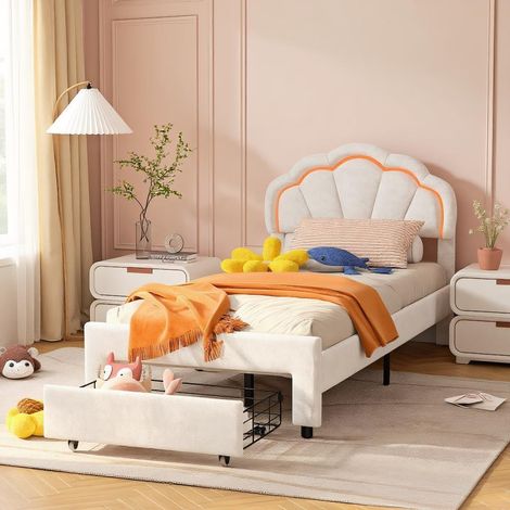 Gepolstertes Einzelbett 90x200 cm mit 1 Stauraumschublade, Blüten-Kopfteil mit RGB LED-Leiste, Lattenrost, Samt, Weiß (1/5)