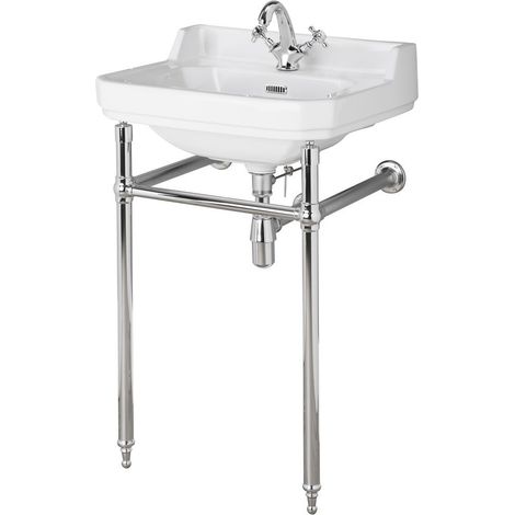 Hudson Reed – Lavabo sur colonne céramique blanche 50 cm – Design rétro Old London – Trou standard 35 mm – Console porte-serviettes inox