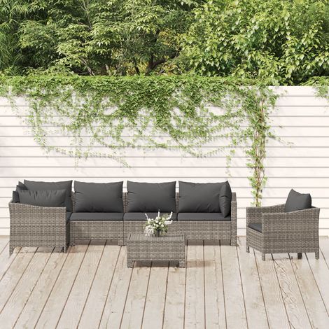 7-tlg. Garten-Lounge-Set mit Kissen Grau Poly Rattan