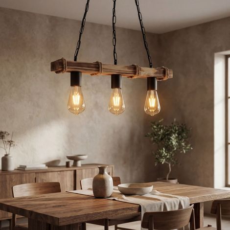 Pendelleuchte Metall E27 H: max. 85 cm geflammtes Holz Schwarz 3-flammig länglich Rustikal