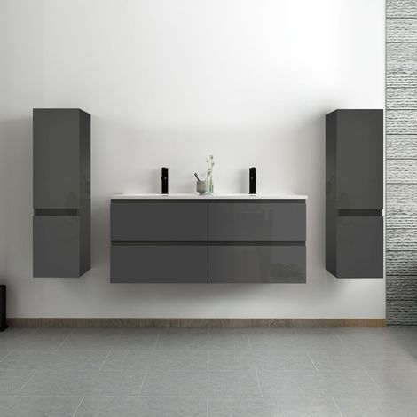 Océan ensemble meuble salle de bain 120 cm anthracite brillant avec 4 tiroirs à fermeture automatique, double lavabo céramique + 2 colonnes, suspendu (1/5)