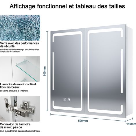 Sirhona – Miroir lumineux de salle de bain 590 x 600mm – Anti-buée avec prise rasoir – Lumières LED réglables – Double portes à fermeture progressive — vue 3