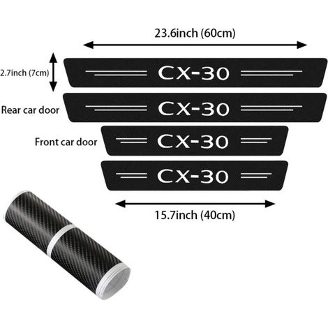 (4 protections de seuil de porte) Autocollants de protection de seuil de porte de voiture en fibre de carbone et cuir pour Mazda CX30,logo,coffre,pare-chocs,protections anti-rayures (1/3)