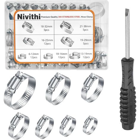6-38 mm Metal Hose Clamp 63pcs  Stainless Steel 304, For Pipes, This Stainless Steel Clamp Fixes Tubes, The Slotted Head Clamp Provides a Stable Hold (1/5)