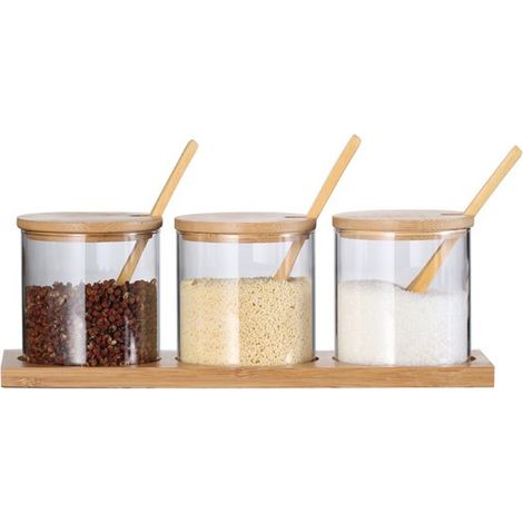 3 contenitori in vetro, barattolo per spezie con cucchiaio e coperchio, saliera, per conservare alimenti in cucina, tè, caffè, zucchero, sale (1/5)