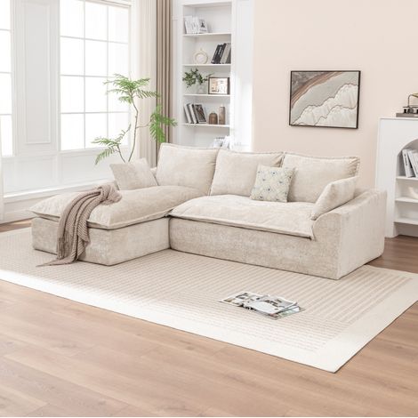 Canapé d’angle modulaire 3 places avec méridienne, chenille beige, mousse, pour salon (1/5)