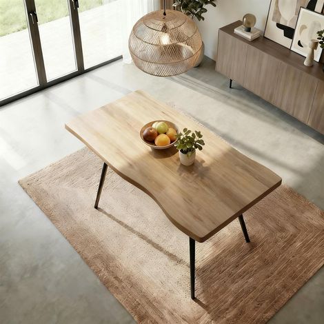Avara 140cm Natural Wood Effect Live Edge Dining Table with Black Metal Legs - Oak (1/4)